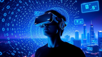 Man wearing vr headset immersed in digital world with binary code and a cityscape background