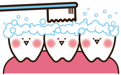 歯磨きされているかわいい歯のマスコットキャラクター