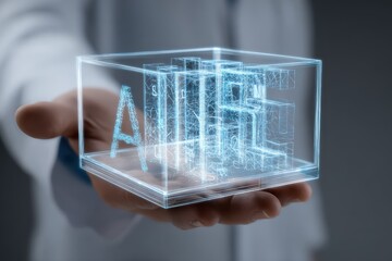 Scientist holding a holographic cube displaying the word 'AIRE' in a modern lab setting