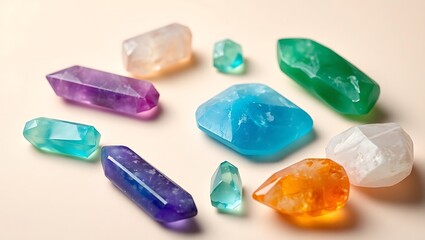 Assorted colorful crystals and gemstones arranged on a light beige surface in a studio setting