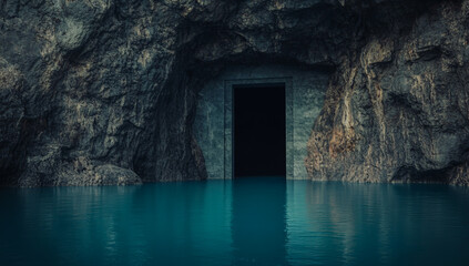 A picture of a mysterious underground blue lake with a wooden door carved into the rocky wall, next to the entrance to a large cave on one side of the calm waters,