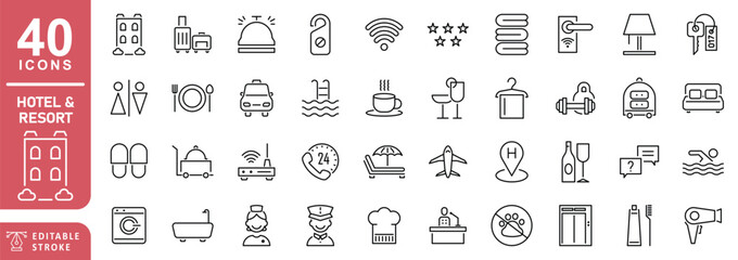 Hotel & Resort set of linear icons. Editable stroke. Includes a Hotel, Bed, Hotel Reception, Service Bell, Restaurant, Bathtub, Bathrobe, Hair Dryer, Cleaning