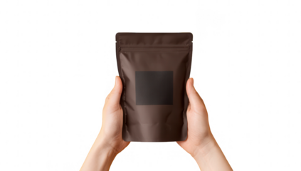 Hands hold dark brown pouch with blank label