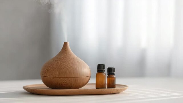 Wooden essential oil diffuser with aromatic bottles releasing mist