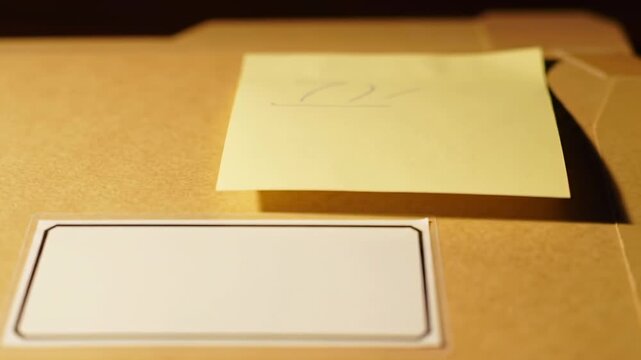 Beige folder with a yellow sticky note and a white label