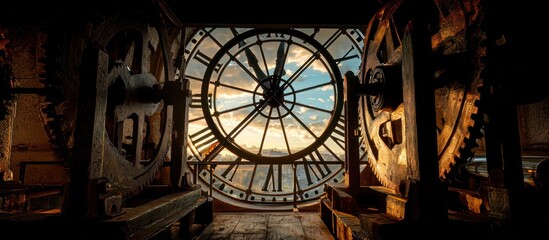 Obraz premium Giant clock mechanism, gears, and sunlight