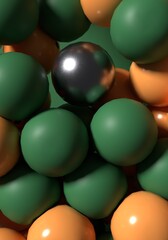 3d vertical illustration. abstract contemporary background Deep green floating balls, with matte orange and silver palette. minimal 3d render