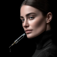 Obraz premium Elegant woman with flawless skin, aesthetic doctor holding syringe, beauty treatment, dark background, confident expression