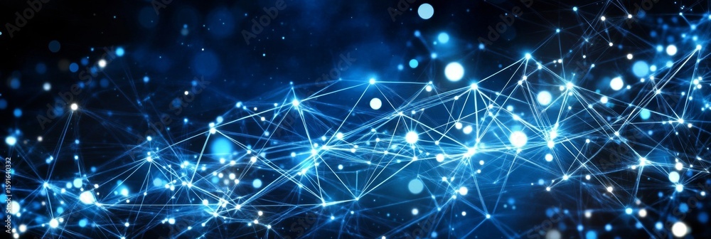 Poster intricate network of bright communication nodes and connections creating abstract patterns in space
