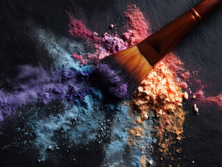 Makeup brush sweeps colorful powder across a textured surface. Abstract cosmetic design for beauty blogs, skincare marketing, or editorial use.