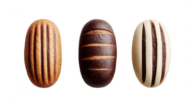 Three oval-shaped buns, light brown, dark brown, and white, with vertical grooves