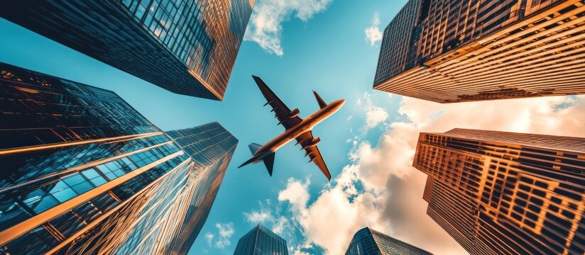 Airplane soaring over city skyscrapers