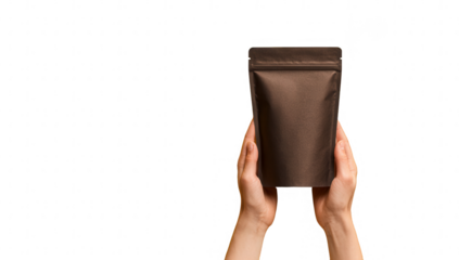 Hands hold a dark brown, foil pouch