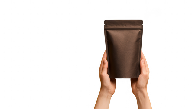 Hands hold a dark brown, foil pouch - Powered by Adobe