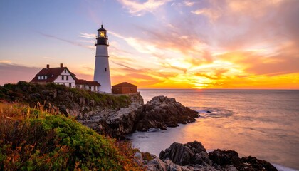 Fototapeta premium A beautiful lighthouse lights up the summer night sky along the rocky Greek coast and serves as a guiding light over the calm sea at sunset. 