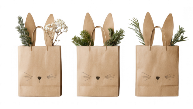 Three kraft paper gift bags with bunny ears and faces