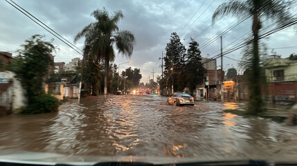 Fototapeta premium ヤシの木が並ぶ通りが冠水し車が立ち往生する光景。都市型水害やインフラ脆弱性を伝える素材に適した一枚。 