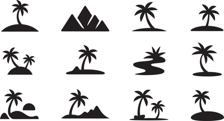 Obraz premium Tropical black icons showcase palm trees, islands, and mountains, evoking a sense of vacation and scenic destinations.