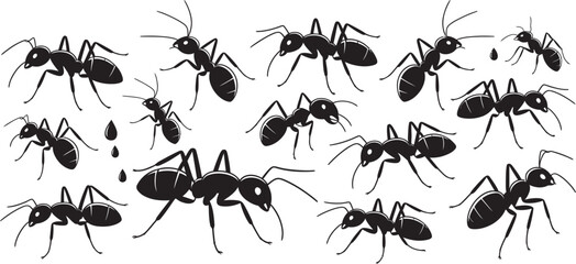 Many black ants are displayed in various poses on a white background in this stylized invertebrate art.