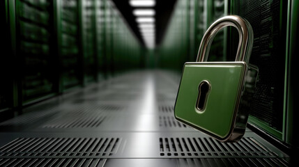 Green padlock data center cybersecurity server protection security encryption technology digital safety secure network privacy