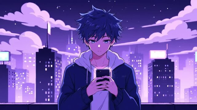 A young anime boy with blue hair and eyes holds a smartphone while standing on a rooftop overlooking a purple cityscape at night with glowing clouds and distant lights