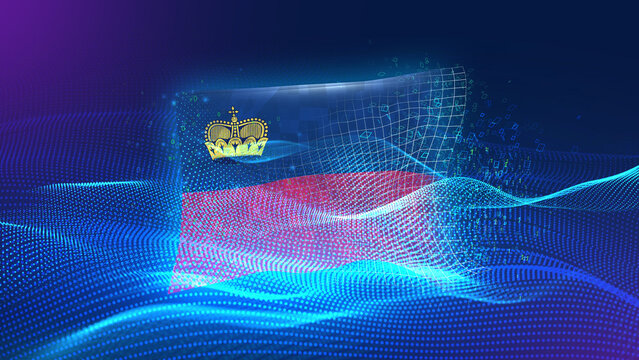 Liechtenstein A futuristic digital background merging with a national flag symbol, representing the concept of technology, innovation, and digital transformation while preserving cultural identity.