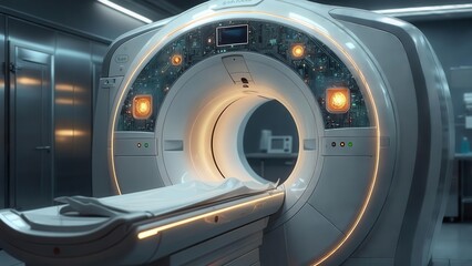 A modern medical CT or MRI scanner with a patient bed, representing advanced diagnostic technology in healthcare. Concept of modern medical technology