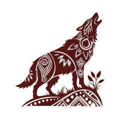 Wolf Silhouette Howling Tribal Tattoo Style with Intricate Geometric Patterns on a Hill with Grass