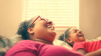 A happy family of three, Asian parents and their daughter, lying on the bed and laughing joyfully