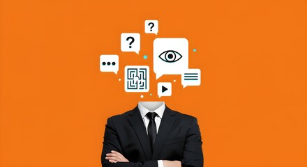 Man in suit with speech bubble symbols for head. Communication, problem solving concept. Business decision making and strategy.