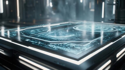 A glowing futuristic holographic interface showing intricate patterns, symbolizing advanced technology and digital interaction. Concept of futuristic technology and AI.