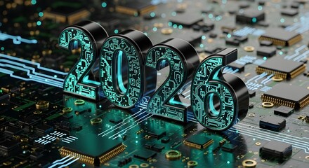 The year 2026 made of circuit board pattern stands on a futuristic microchip motherboard. Modern technology and digital transformation concept.