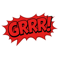 Red comic speech bubble with bold lettering on white backdrop for expressive communication. Grrr lettering inside of comic speech bubble is reminiscent of anger and rage.