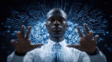 Digital professional interacting with dynamic code in a futuristic environment