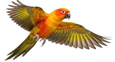 Isolated Sun Conure in Flight
