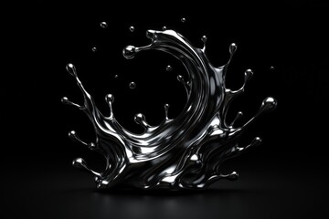Liquid silver splash against a stark black backdrop evokes modernity and fluidity in this dynamic design element.