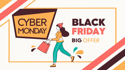 A cheerful woman with a shopping bag celebrating Black Friday and Cyber Monday sales in a vibrant, modern design.