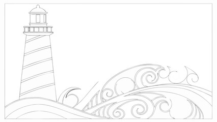 A beautifully intricate line drawing of a lighthouse surrounded by decorative waves, conveying a sense of calm and inspiration.