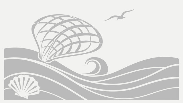 A minimalist beach scene featuring stylized waves, a shell, and a parasail in graceful lines.
