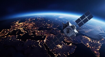 Satellite orbits glowing earth at night observing city lights below