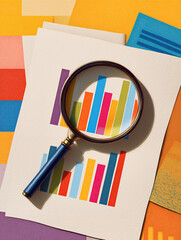 Magnifying glass on colorful statistics graph