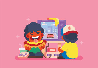 Fototapeta premium Boys playing console. Vector illustration.