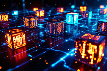 Digital Data Cubes on Circuit Board Glowing Futuristic Network