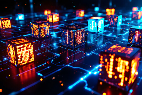 Digital Data Cubes on Circuit Board Glowing Futuristic Network
