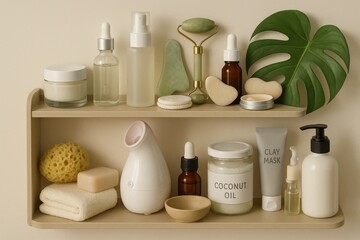 Serene display featuring skincare, beauty products and a lush green Monstera leaf on a wooden shelf, providing a spa aesthetic.