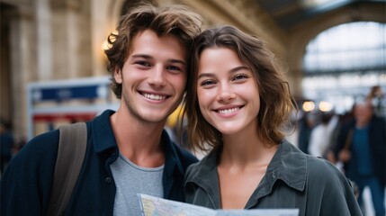 Cheerful couple exploring a historic site with a map in their hands