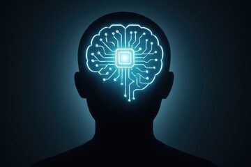 Conceptual visualization presents artificial intelligence with a brain-shaped circuit, symbolizing futuristic technology and machine learning