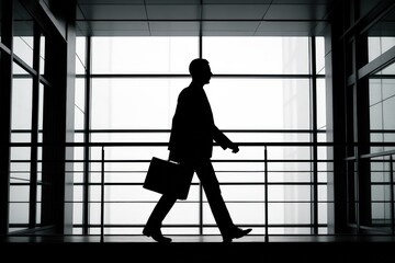 Silhouette of a confident businessman walking with a briefcase against a modern office building background.