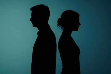 Two people standing back to back with their silhouettes against a blue background, a symbol of relationship conflict or separation.