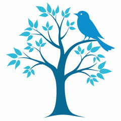 Blue bird perched on a stylized tree with blue leaves nature branch
